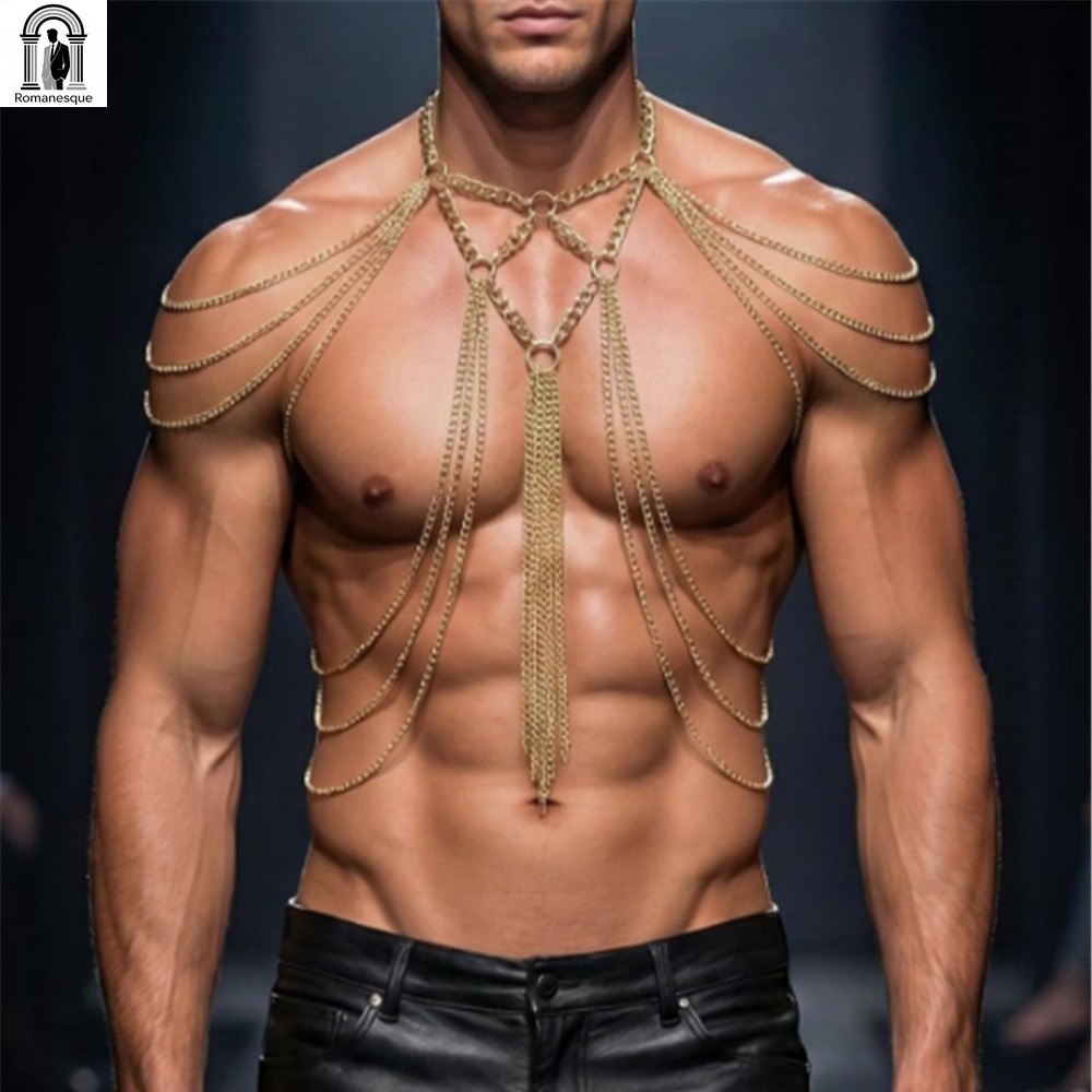 Body Jewelry Goth - Męski złoty wielowarstwowy łańcuszek na ciało
